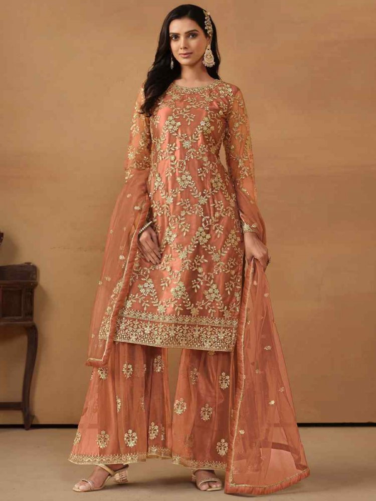 Orange Net Embroidered Festival Wedding Sharara Pant Salwar Kameez