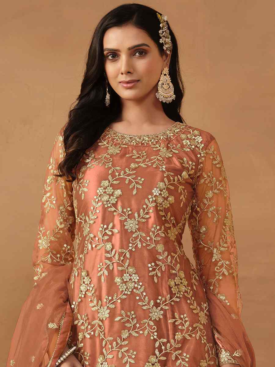 Orange Net Embroidered Festival Wedding Sharara Pant Salwar Kameez