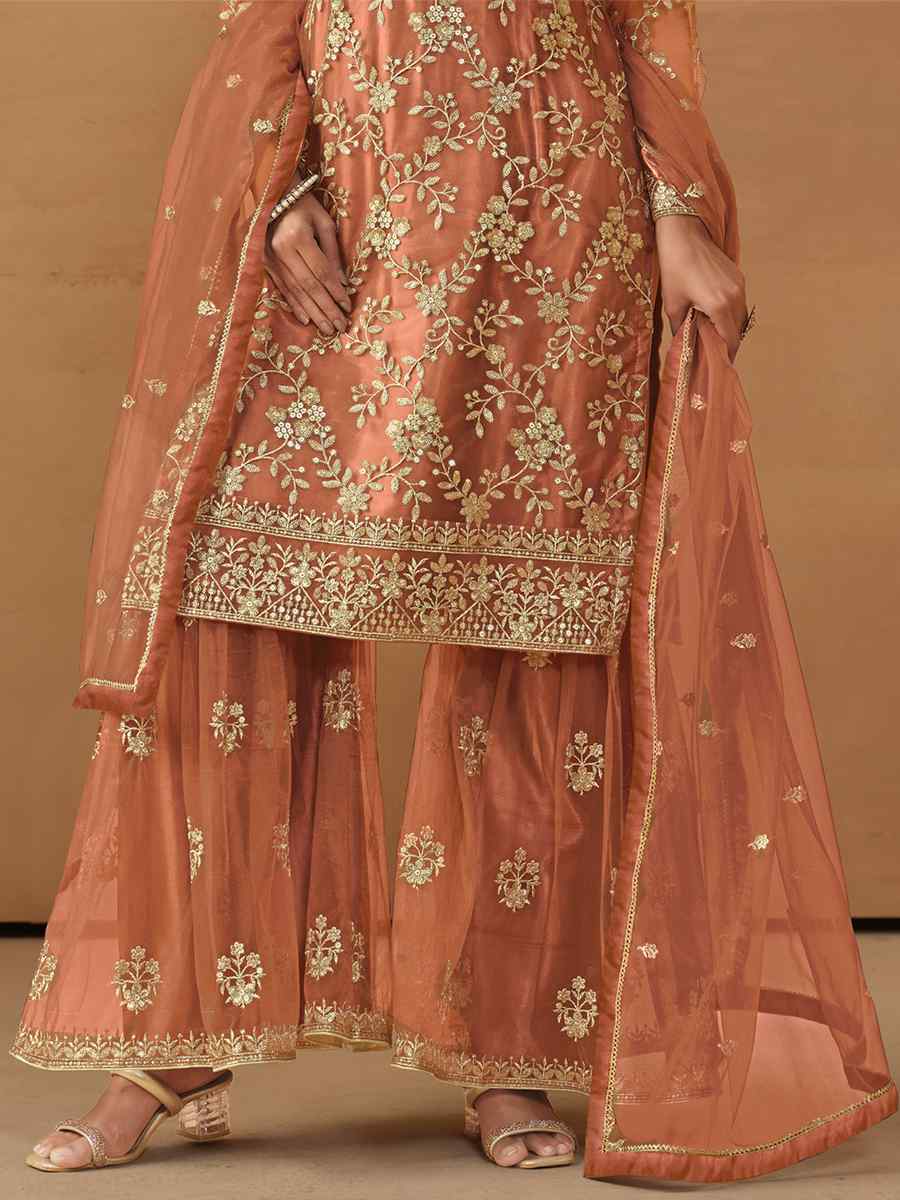 Orange Net Embroidered Festival Wedding Sharara Pant Salwar Kameez