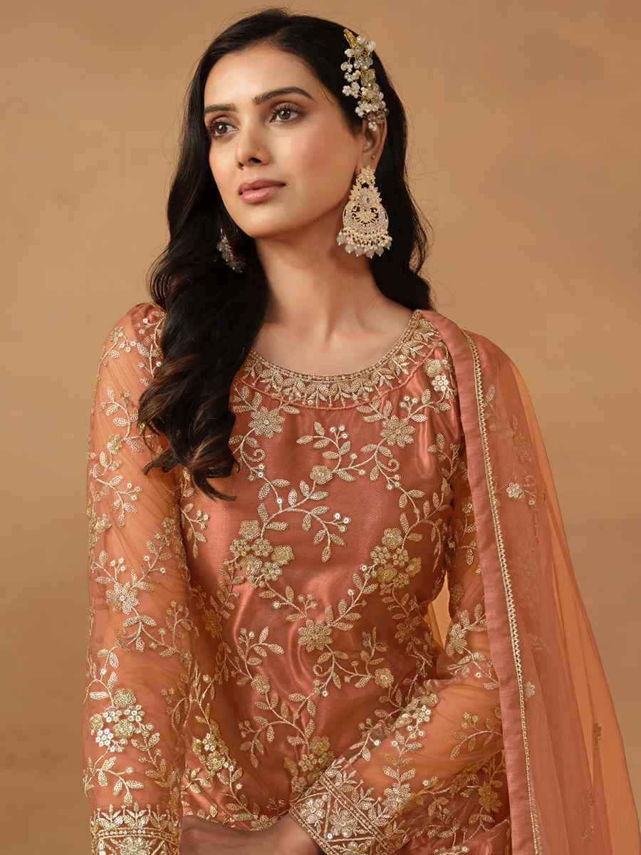 Orange Net Embroidered Festival Wedding Sharara Pant Salwar Kameez