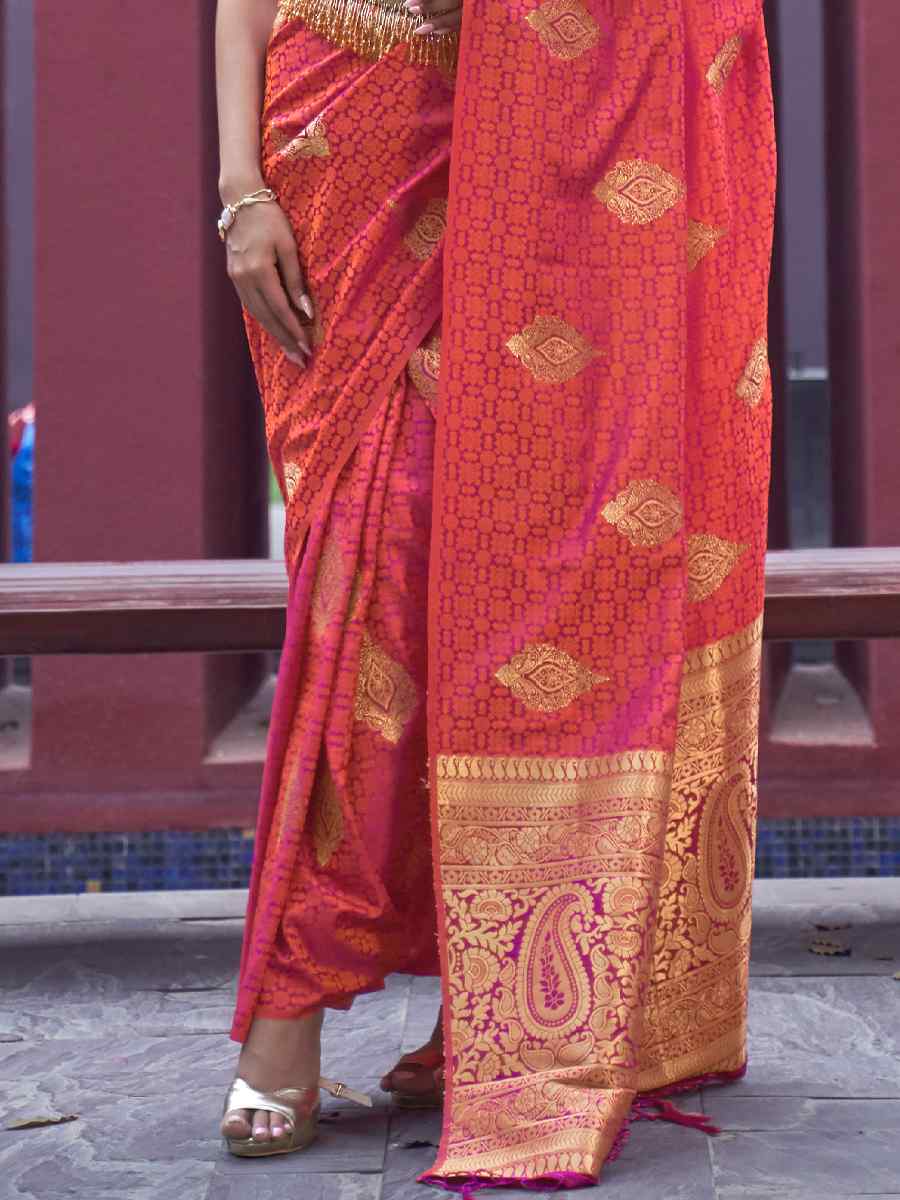 Orange Nylon Satin Handwoven Party Festival Classic Style Saree