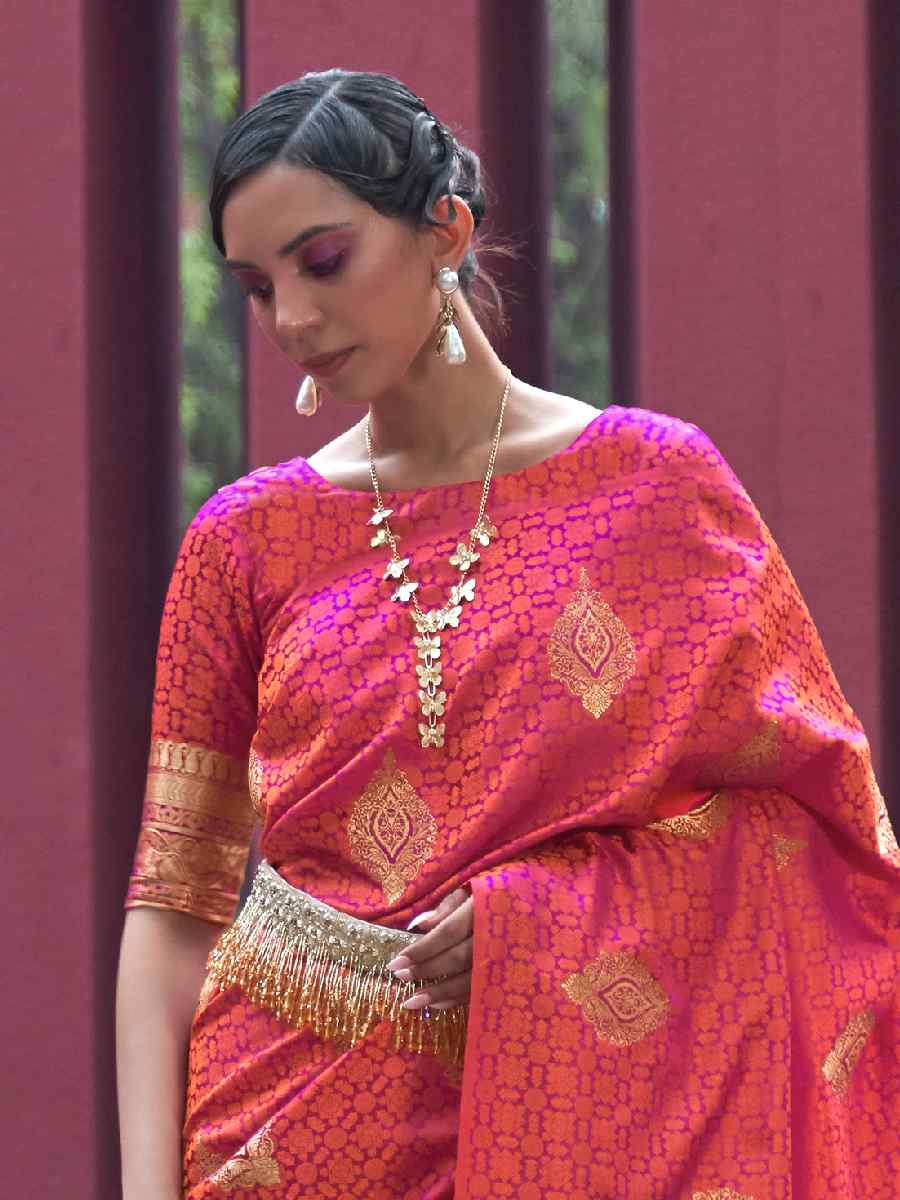 Orange Nylon Satin Handwoven Party Festival Classic Style Saree