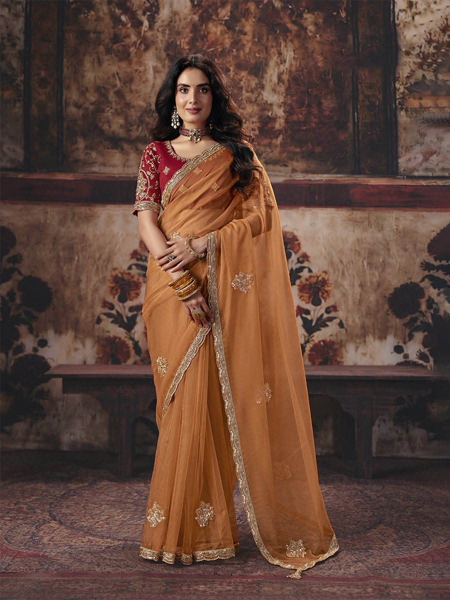 Orange Organza Embroidery Sequins Zari Wedding Reception Party Festival Casual Heavy Border Sarees
