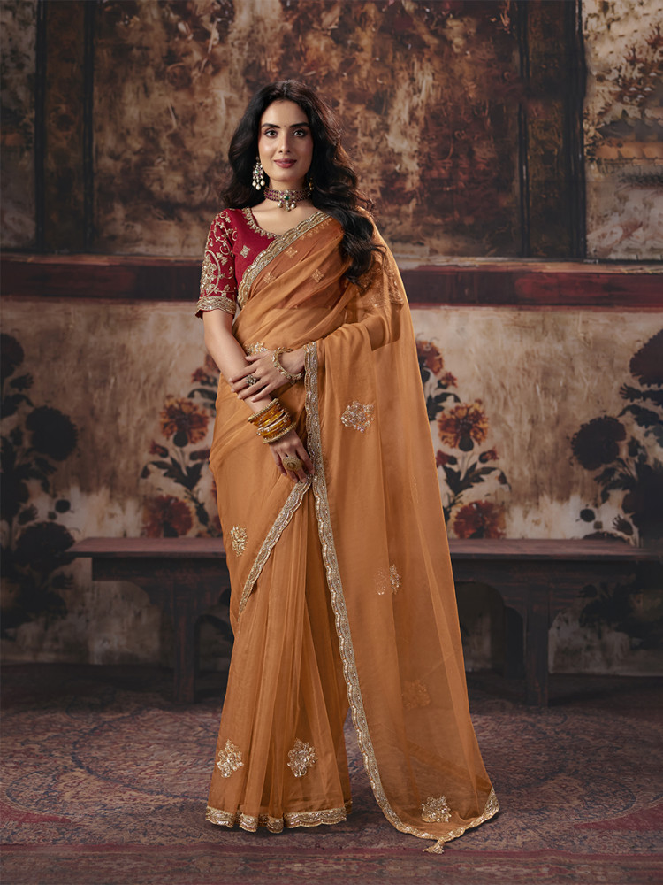 Image of Orange Organza Embroidery Sequins Zari Wedding Reception Party Festival Casual Heavy Border Sarees