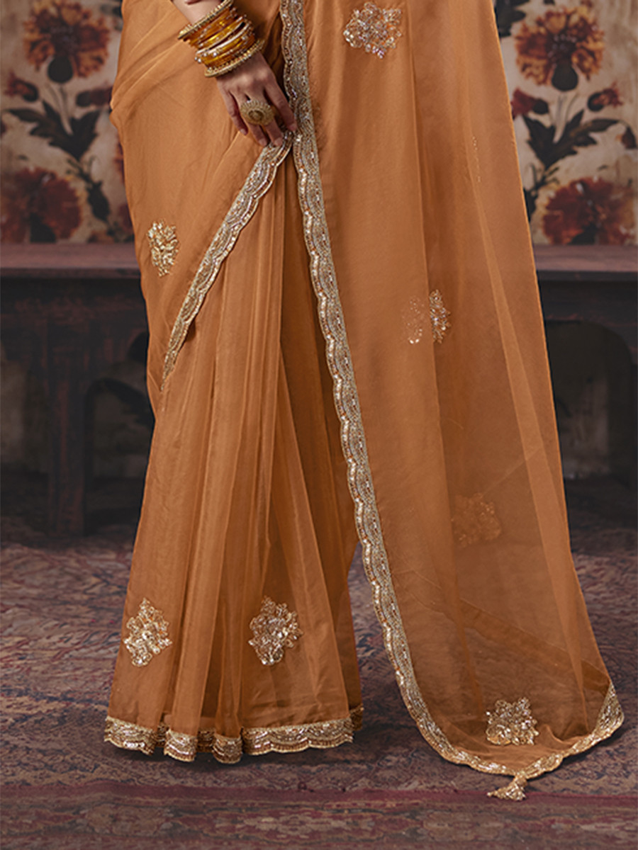 Orange Organza Embroidery Sequins Zari Wedding Reception Party Festival Casual Heavy Border Sarees