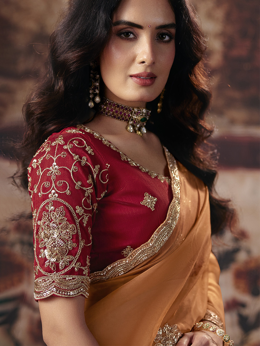 Orange Organza Embroidery Sequins Zari Wedding Reception Party Festival Casual Heavy Border Sarees