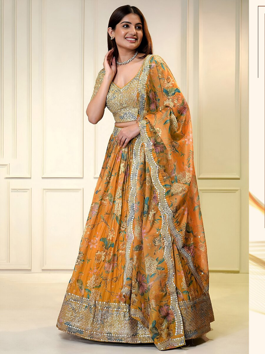 Orange Organza Embroidery Zari Sequins Floral Print Wedding Reception Party Festival Heavy Border Lehenga Choli