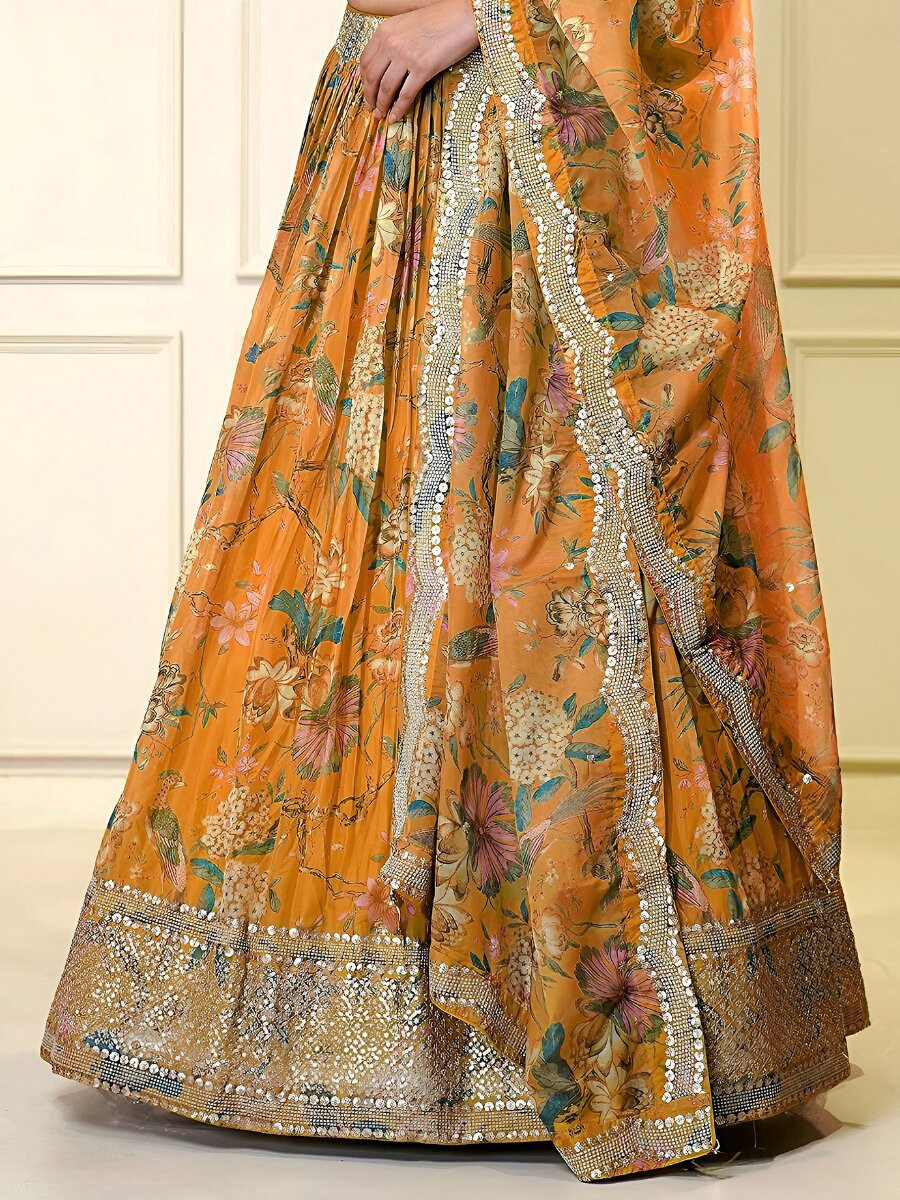 Orange Organza Embroidery Zari Sequins Floral Print Wedding Reception Party Festival Heavy Border Lehenga Choli