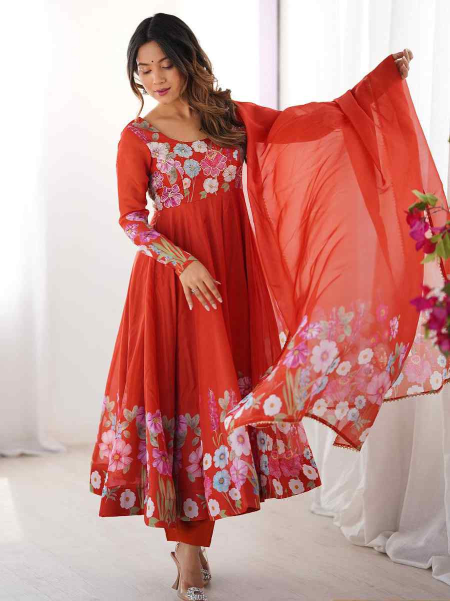 Orange Organza Floral Printed Embroidery Party Wedding Festival Casual Ready Anarkali Salwar Kameez