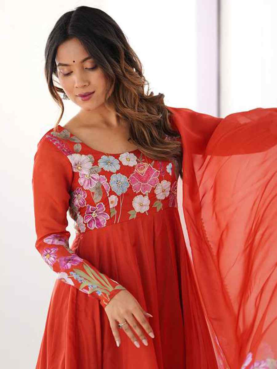 Orange Organza Floral Printed Embroidery Party Wedding Festival Casual Ready Anarkali Salwar Kameez
