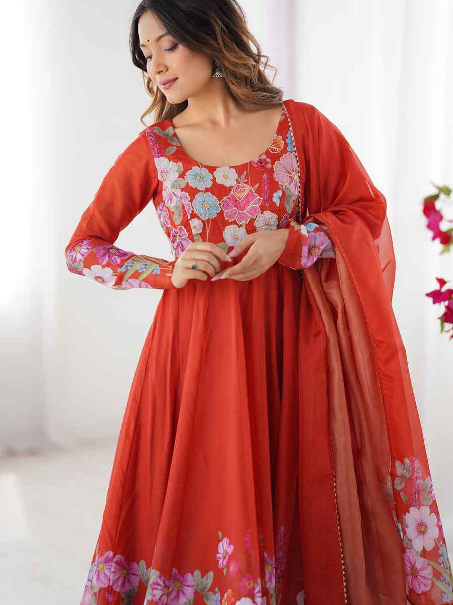Orange Organza Floral Printed Embroidery Party Wedding Festival Casual Ready Anarkali Salwar Kameez