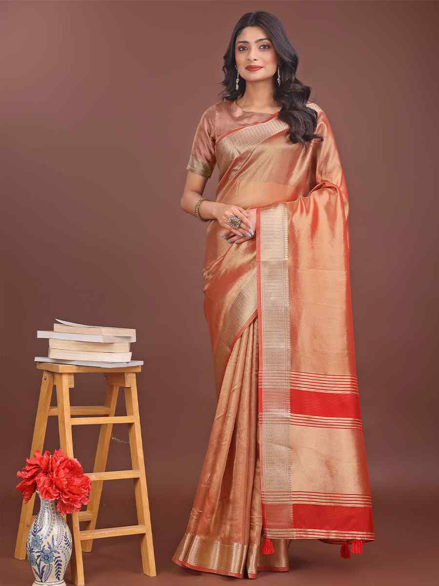 Orange Organza Handwoven Festival Wedding Fancy Heavy Border Saree