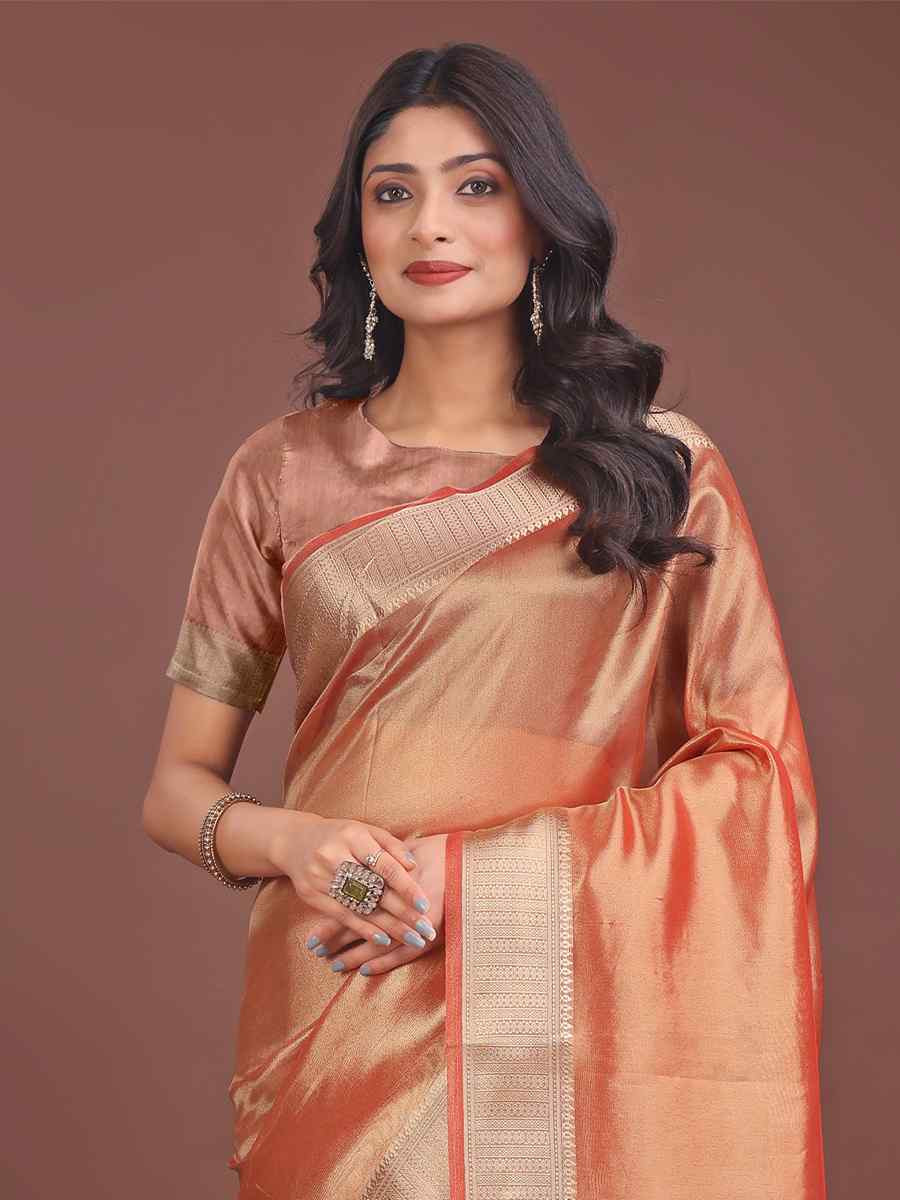Orange Organza Handwoven Festival Wedding Fancy Heavy Border Saree