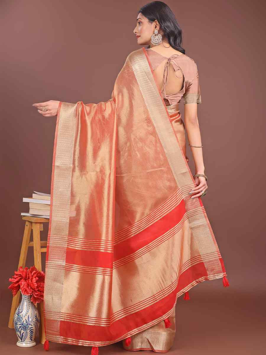 Orange Organza Handwoven Festival Wedding Fancy Heavy Border Saree