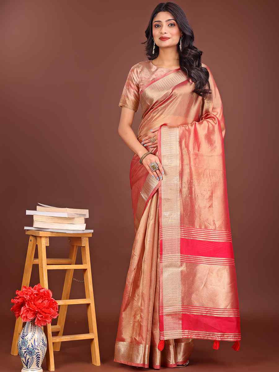 Orange Organza Handwoven Festival Wedding Fancy Heavy Border Saree
