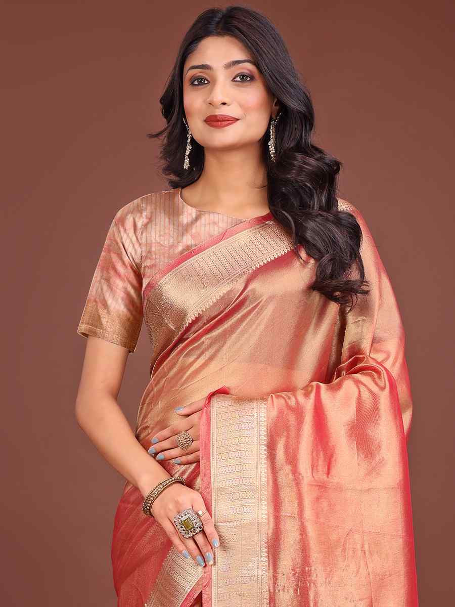 Orange Organza Handwoven Festival Wedding Fancy Heavy Border Saree