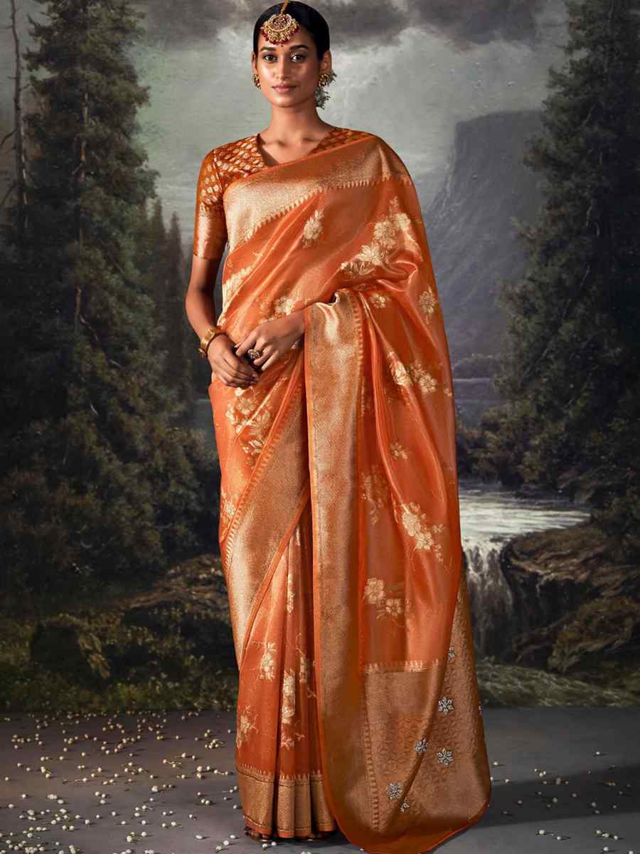 Orange Organza Handwoven Festival Wedding Heavy Border Saree