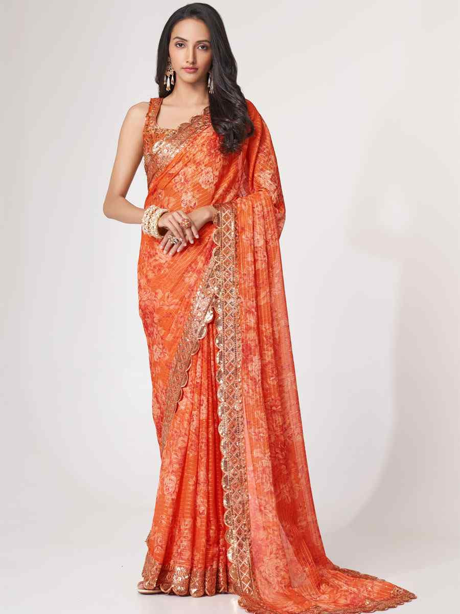 Orange Organza Printed Embroidery Festival Wedding Fancy Heavy Border Saree