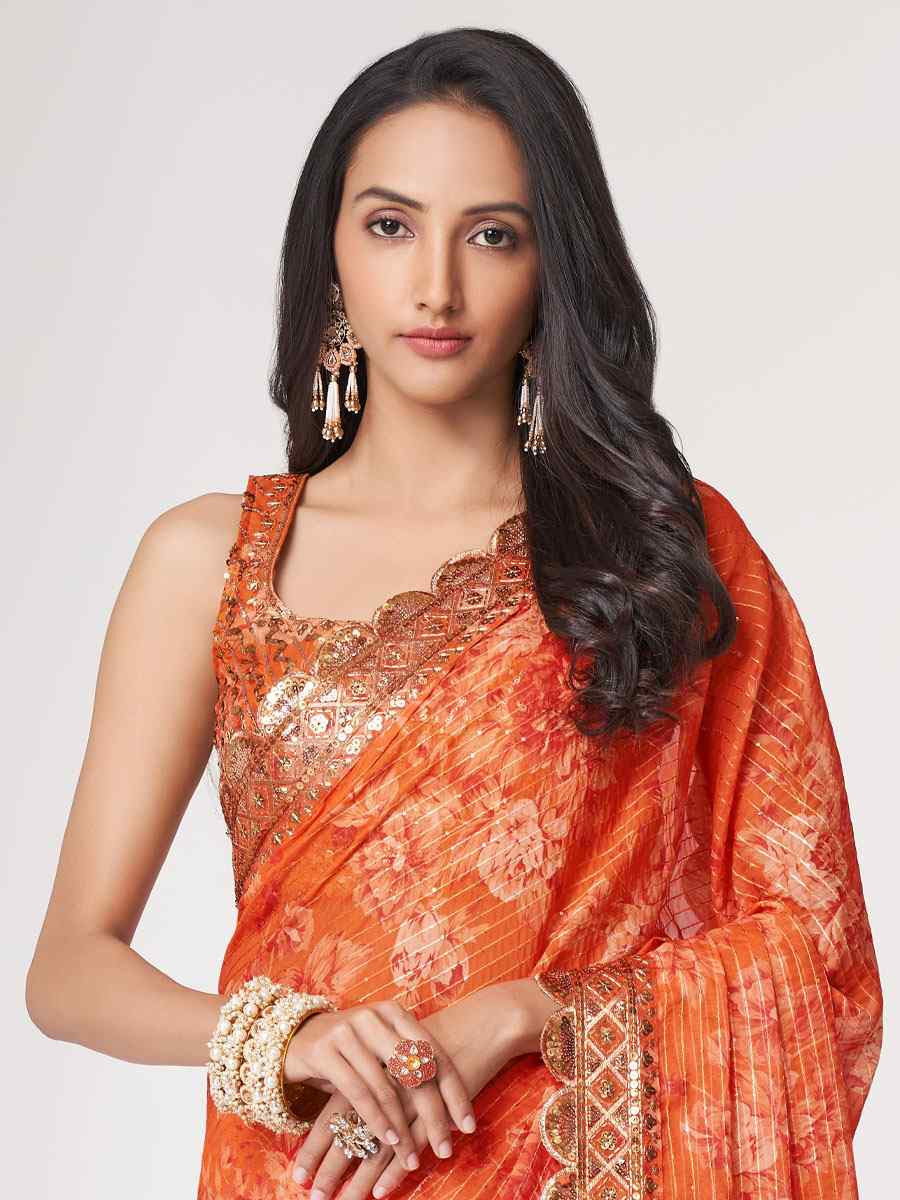 Orange Organza Printed Embroidery Festival Wedding Fancy Heavy Border Saree