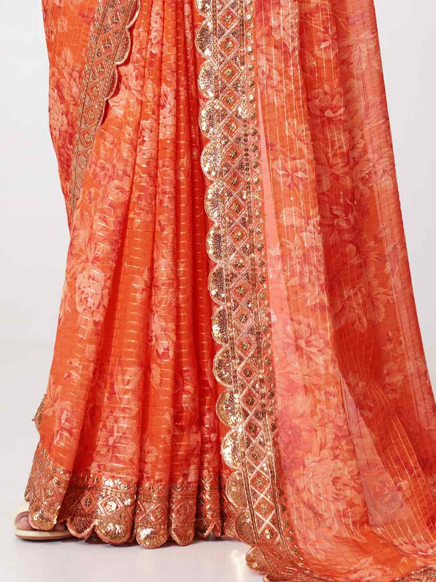 Orange Organza Printed Embroidery Festival Wedding Fancy Heavy Border Saree