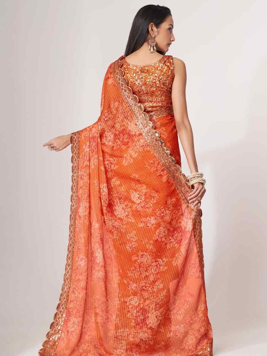Orange Organza Printed Embroidery Festival Wedding Fancy Heavy Border Saree