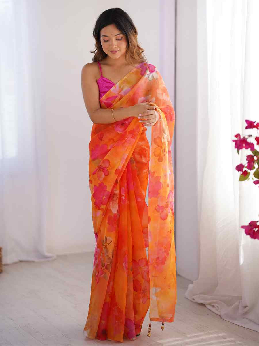Orange Organza Printed Festival Wedding Fancy Heavy Border Saree