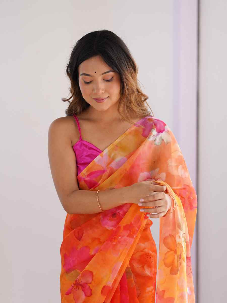 Orange Organza Printed Festival Wedding Fancy Heavy Border Saree