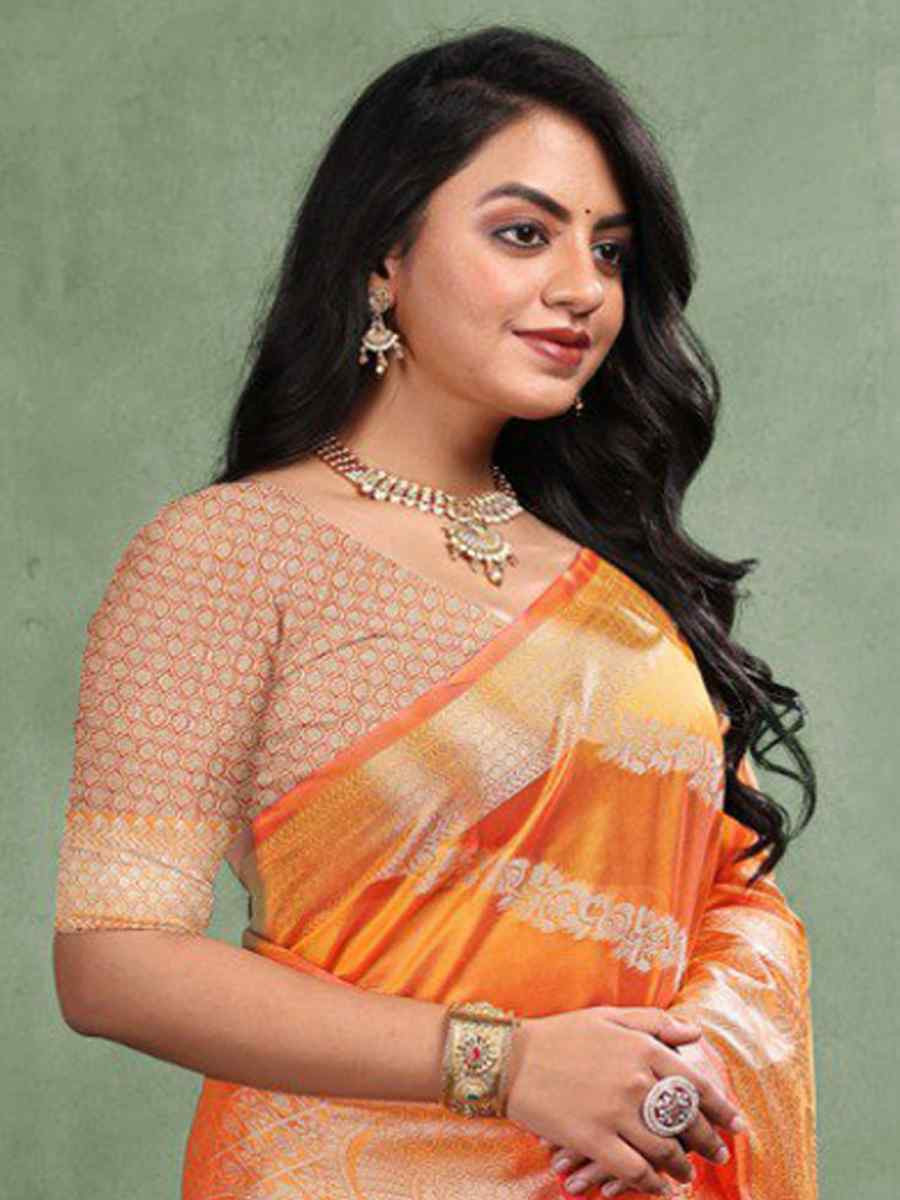 Orange Organza Silk Handwoven Zari Bridal Reception Festival Wedding Fancy Heavy Border Saree