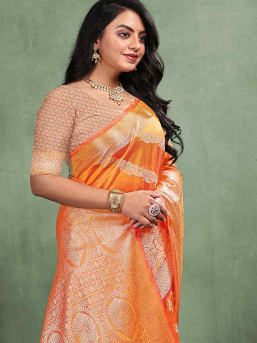Orange Organza Silk  Handwoven Zari Bridal Reception Festival Wedding Fancy Heavy Border Saree