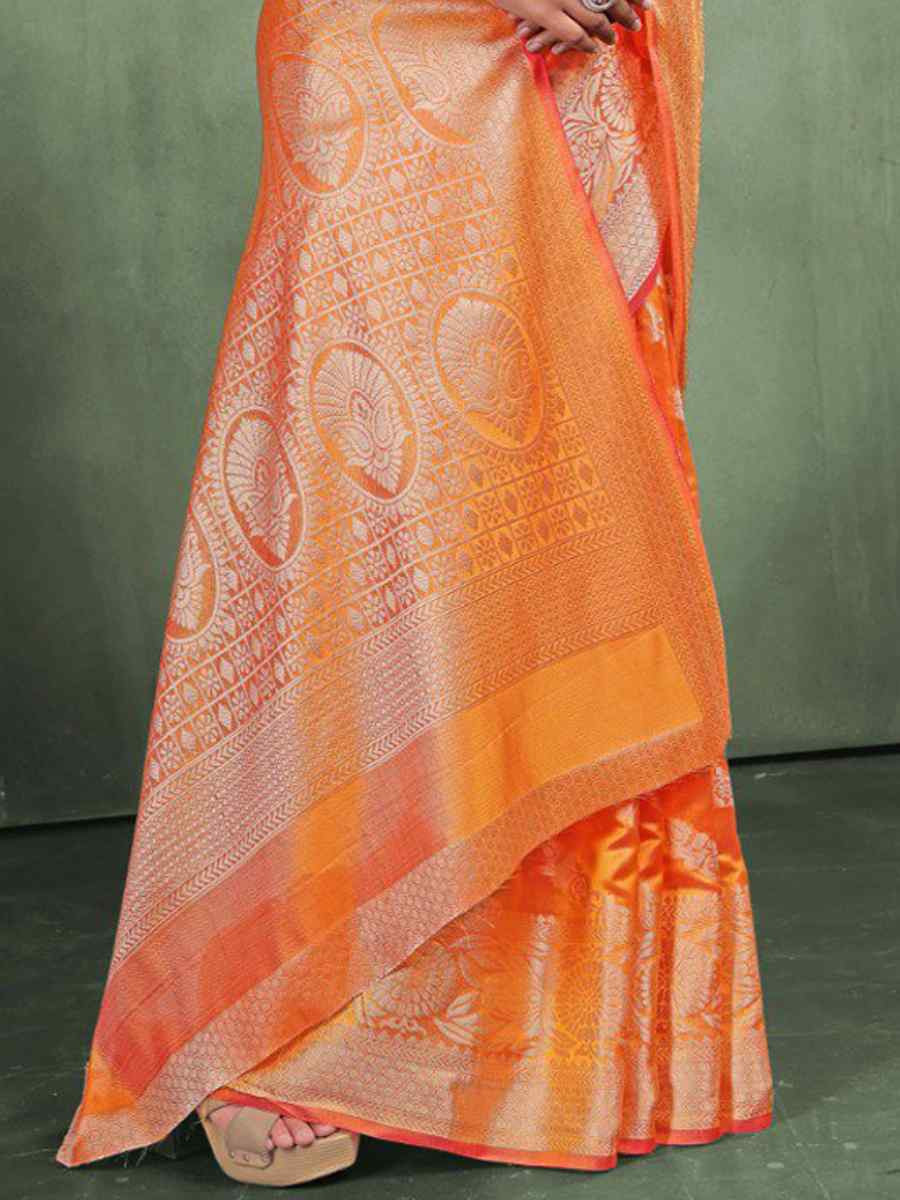 Orange Organza Silk  Handwoven Zari Bridal Reception Festival Wedding Fancy Heavy Border Saree