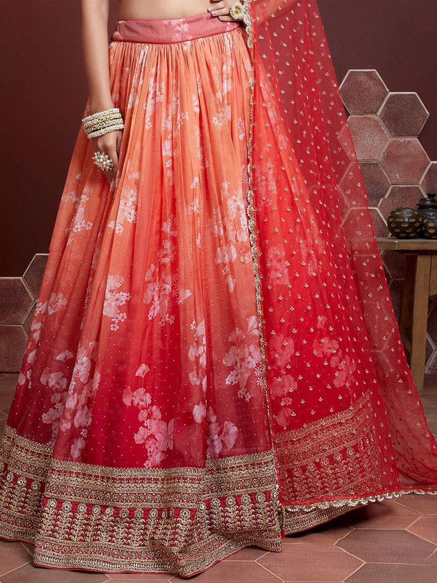 Orange Organza Silk Embroidered Bridesmaid Wedding Heavy Border Lehenga Choli
