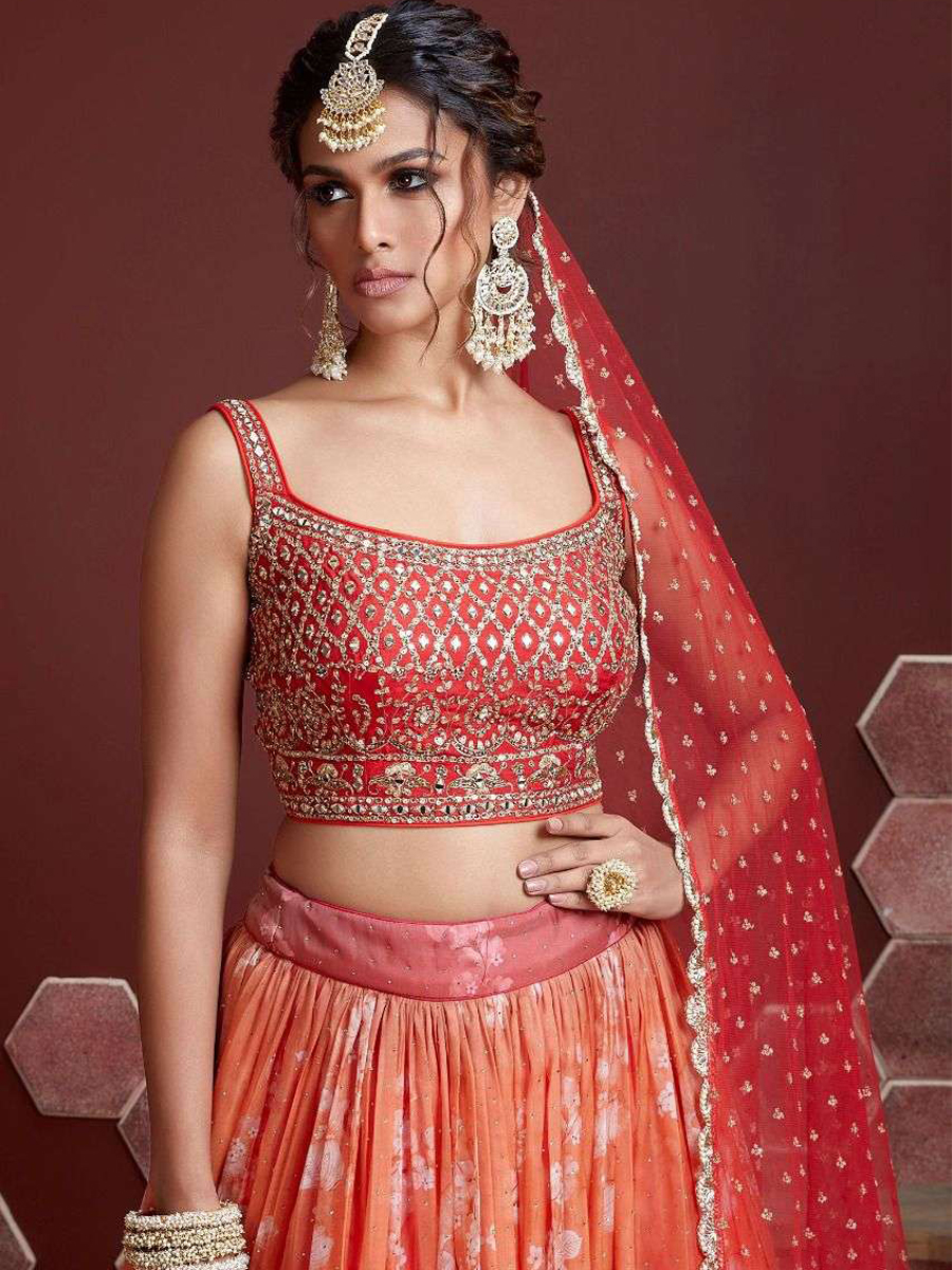 Orange Organza Silk Embroidered Bridesmaid Wedding Heavy Border Lehenga Choli