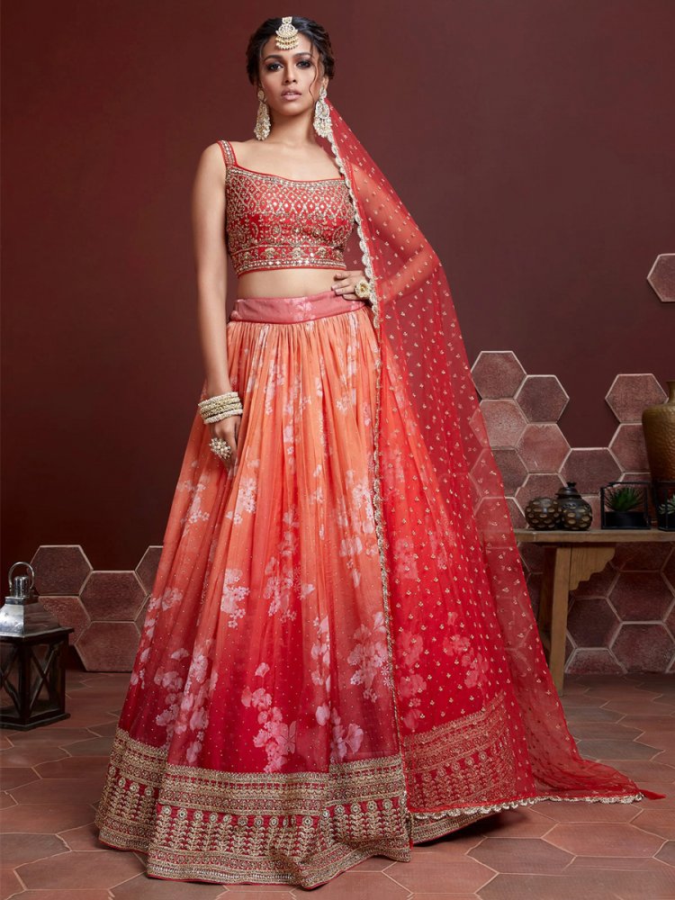 Orange Organza Silk Embroidered Bridesmaid Wedding Heavy Border Lehenga Choli