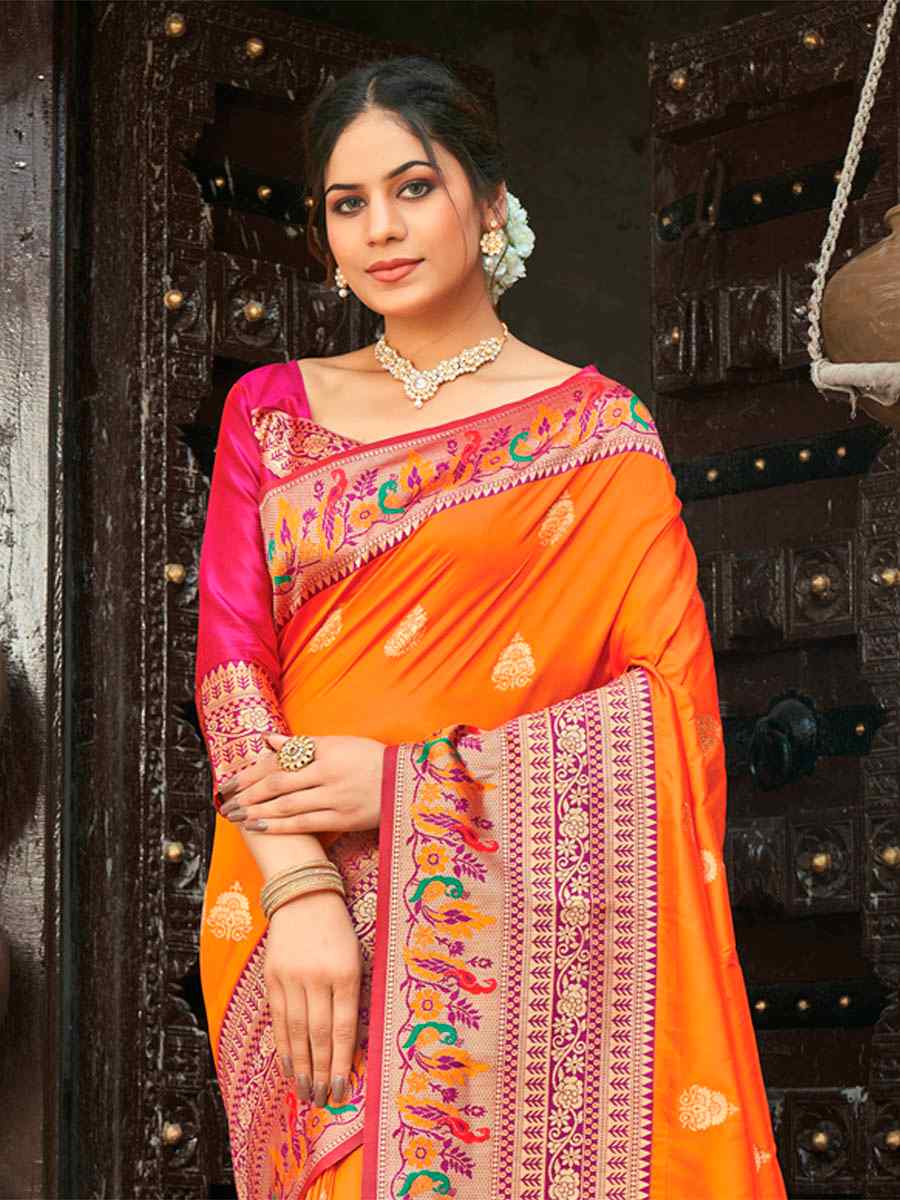 Orange Paithani Silk Handwoven Printed Wedding Heavy Border Saree