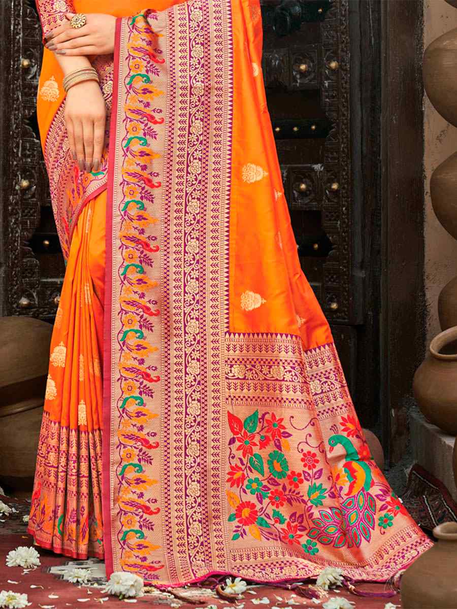 Orange Paithani Silk Handwoven Printed Wedding Heavy Border Saree