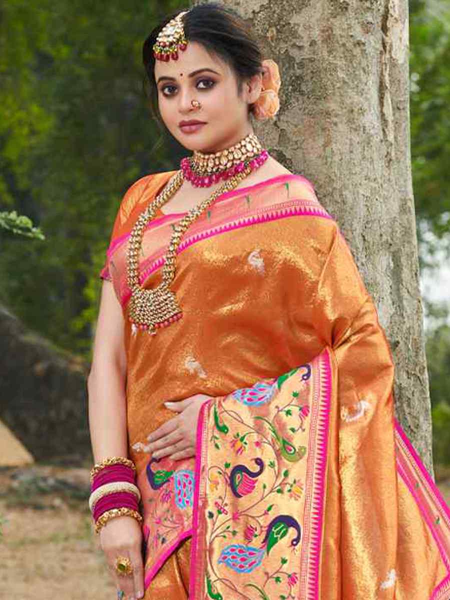 Orange Paithani Silk Handwoven Wedding Festival Heavy Border Saree