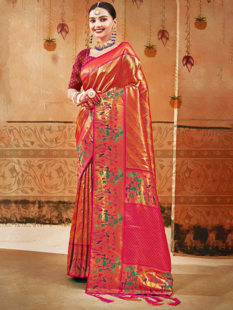 Orange Paithani Silk Handwoven Wedding Festival Heavy Border Saree