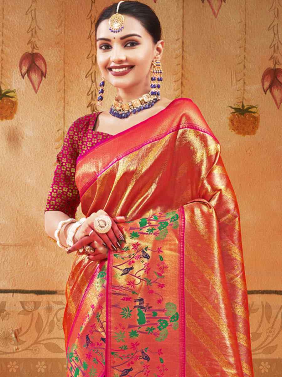 Orange Paithani Silk Handwoven Wedding Festival Heavy Border Saree