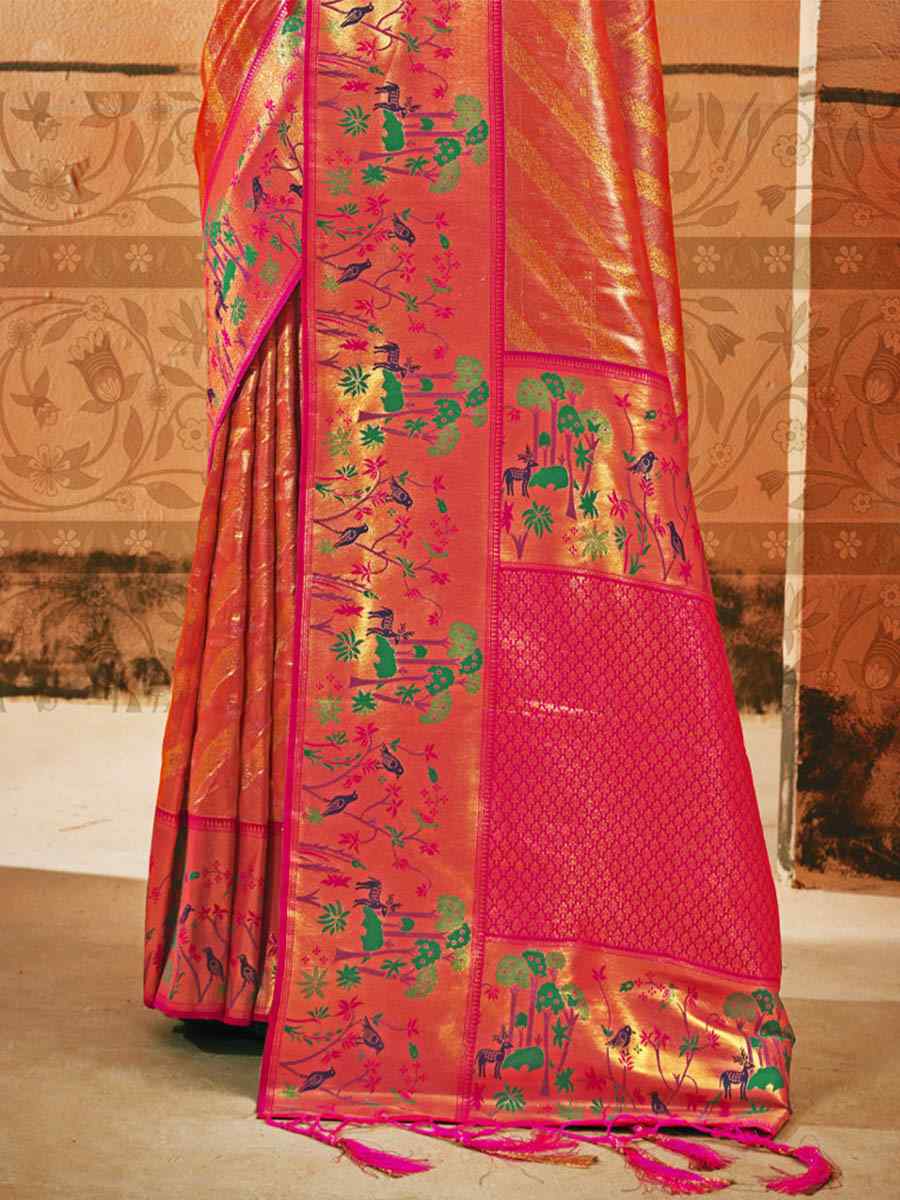 Orange Paithani Silk Handwoven Wedding Festival Heavy Border Saree