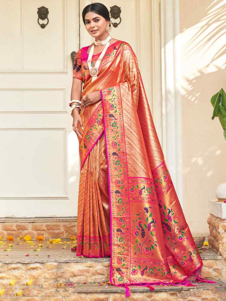 Orange Paithani Silk Handwoven Wedding Festival Heavy Border Saree