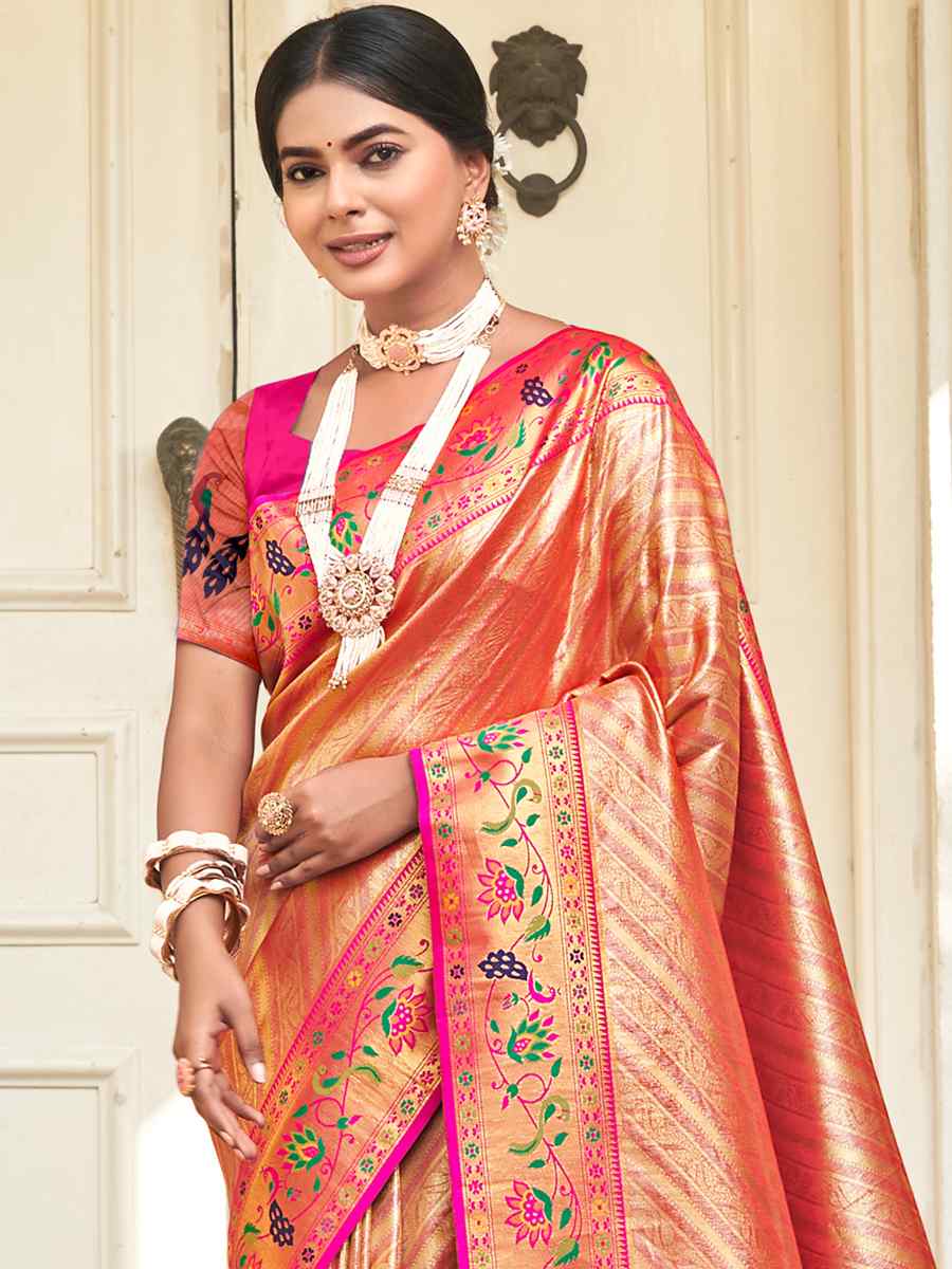 Orange Paithani Silk Handwoven Wedding Festival Heavy Border Saree