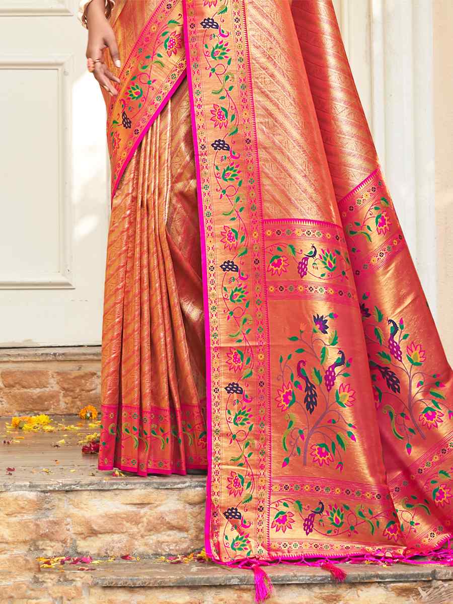 Orange Paithani Silk Handwoven Wedding Festival Heavy Border Saree