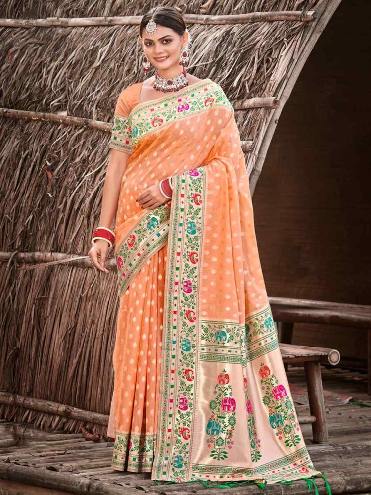 Orange Paithani Silk Handwoven Wedding Festival Heavy Border Saree