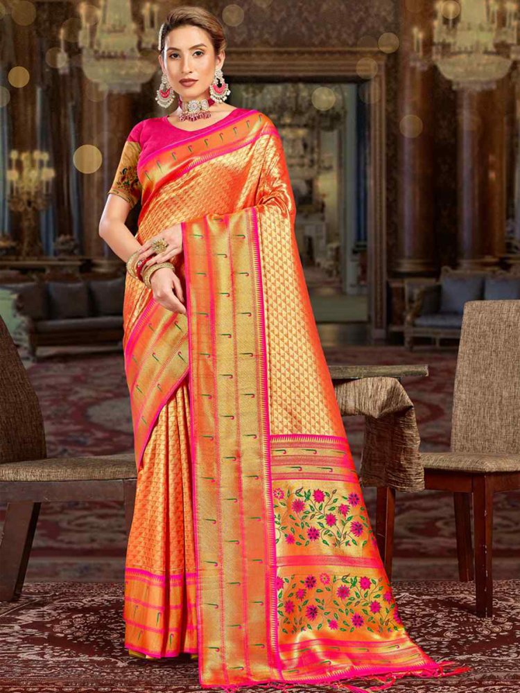 Orange Paithani Silk Handwoven Wedding Festival Heavy Border Saree