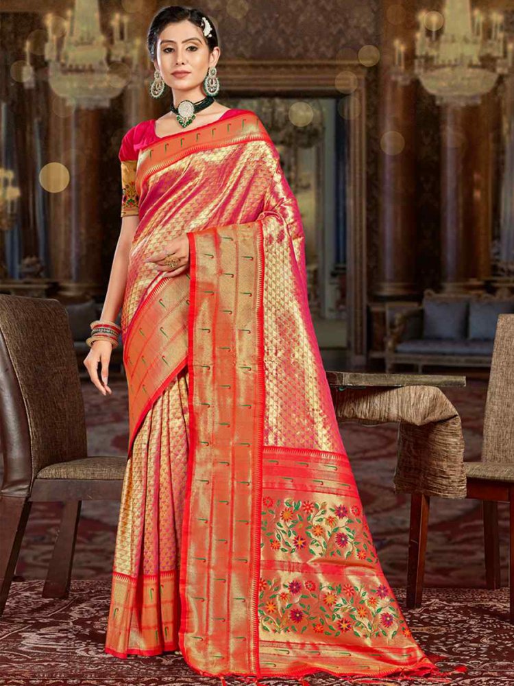 Orange Paithani Silk Handwoven Wedding Festival Heavy Border Saree