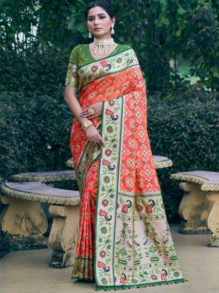 Orange Patola Silk Handwoven Wedding Festival Heavy Border Saree