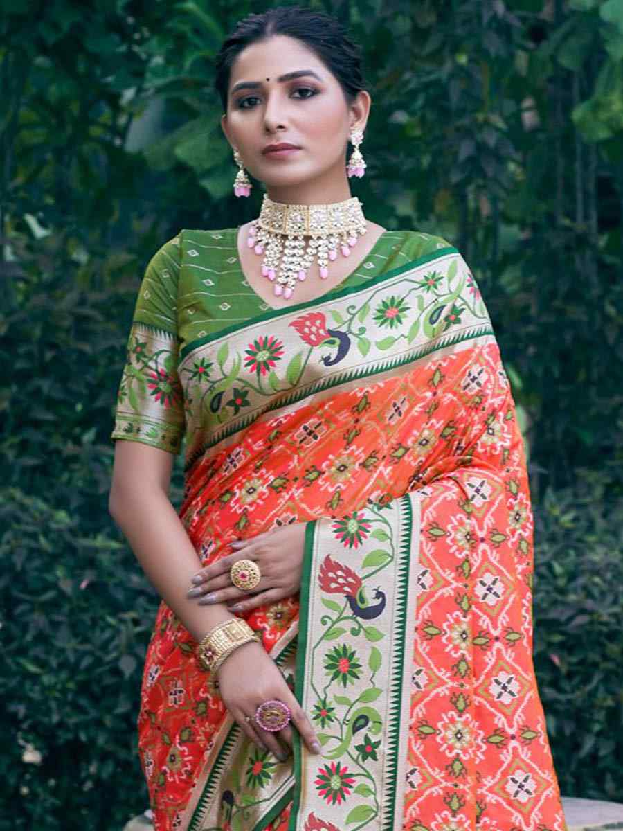 Orange Patola Silk Handwoven Wedding Festival Heavy Border Saree