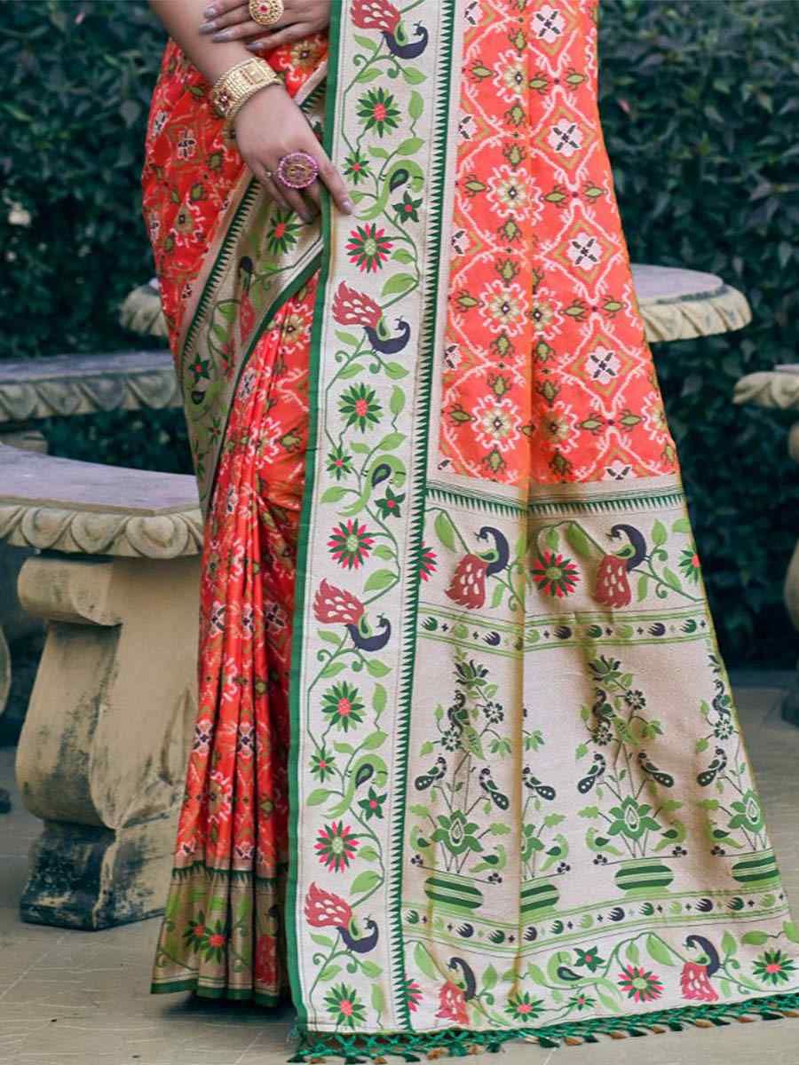 Orange Patola Silk Handwoven Wedding Festival Heavy Border Saree