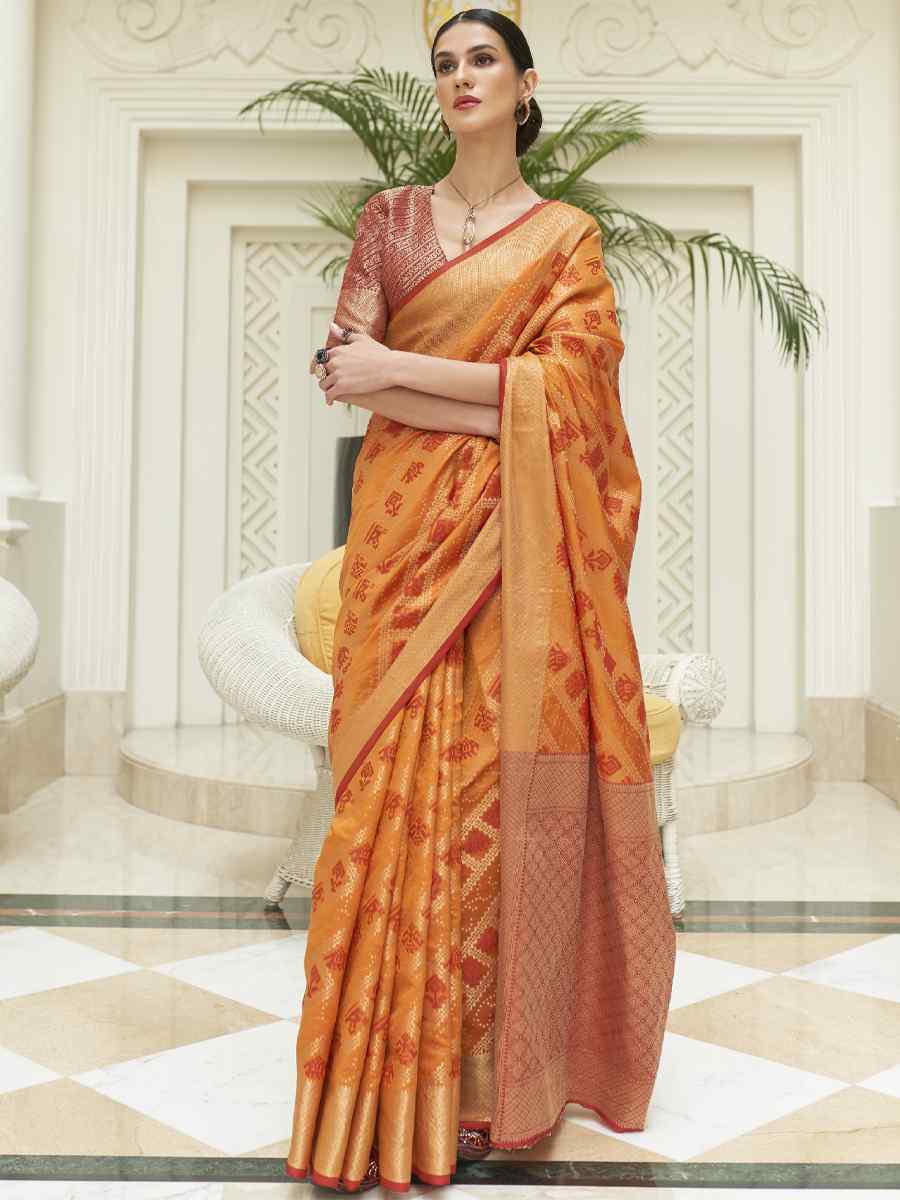 Orange Patola Silk Handwoven Wedding Festival Heavy Border Saree