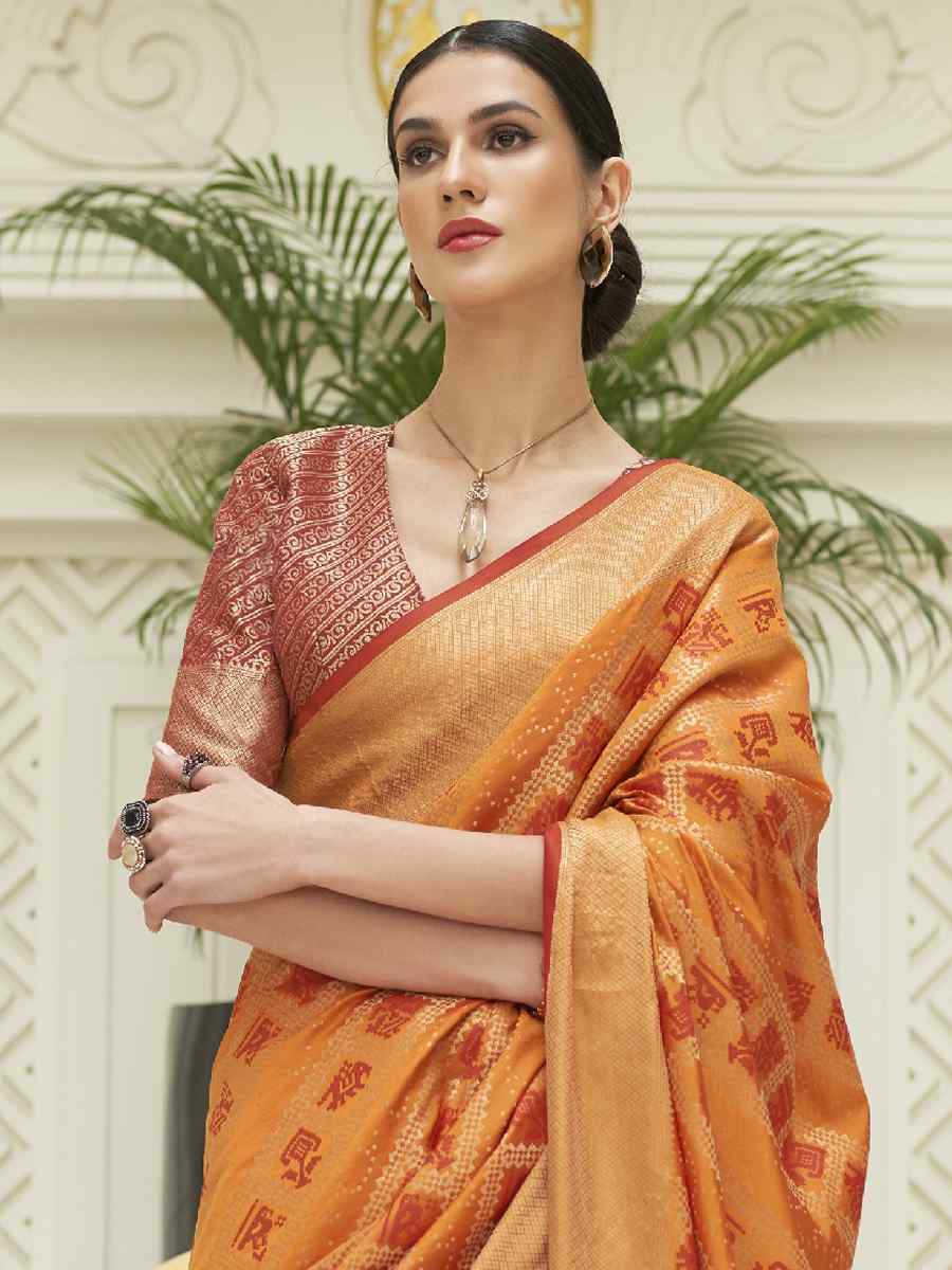 Orange Patola Silk Handwoven Wedding Festival Heavy Border Saree